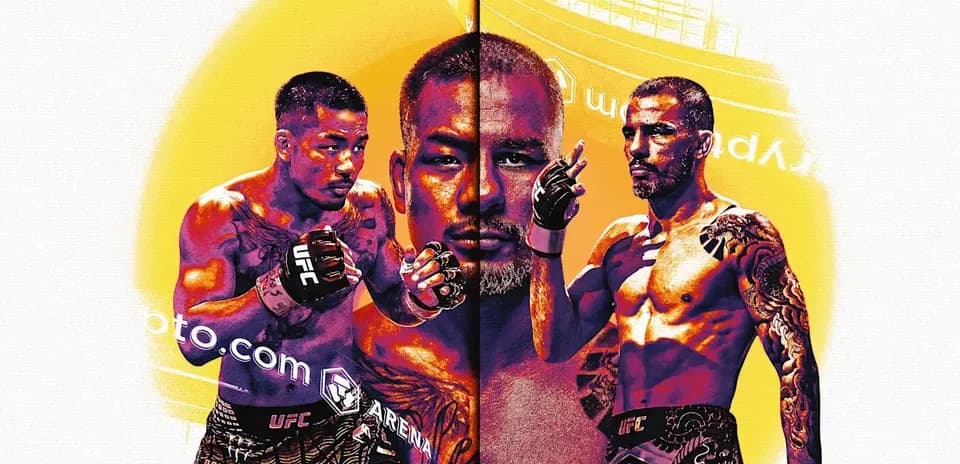 Three fighters posing in UFC promotional artwork