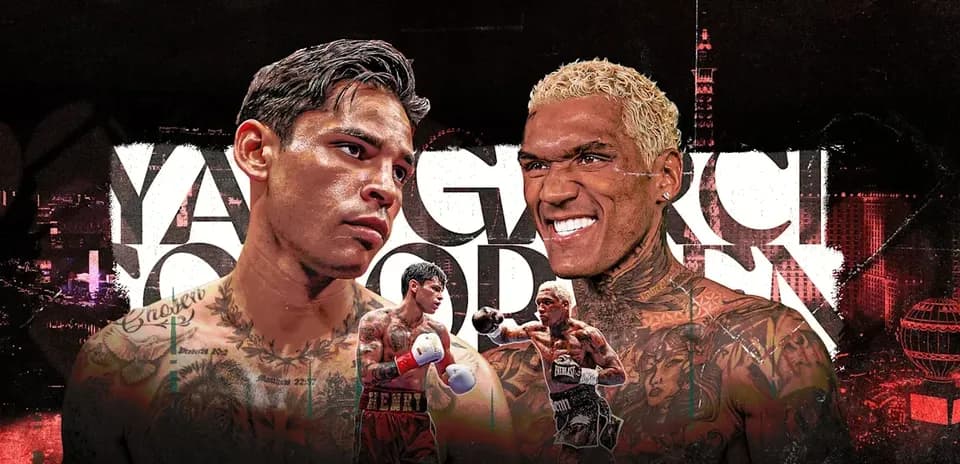 Boxers facing off with background of city skyline