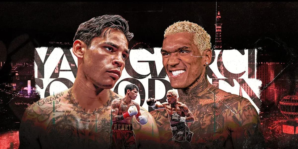 Boxers facing off with background of city skyline