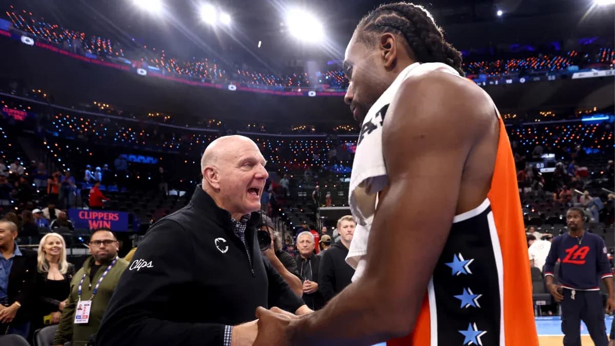 Steve Ballmer and Kawhi Leonard celebrating Clippers' victory