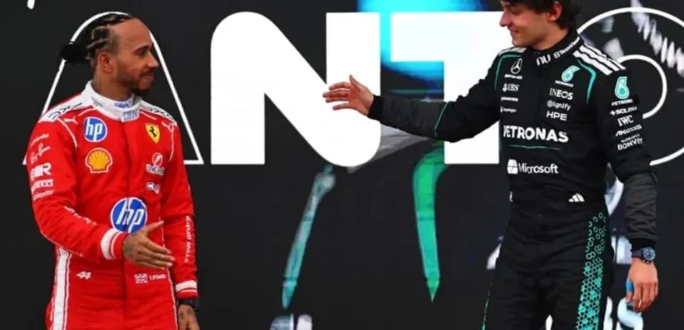 Lewis Hamilton and George Russell greeting each other