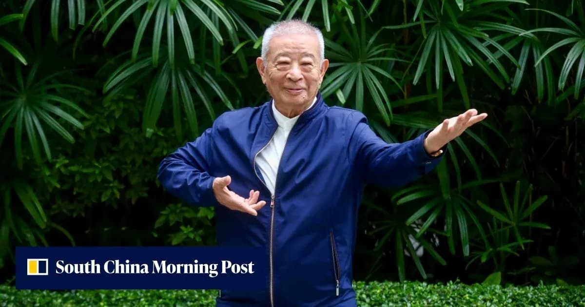 Elderly man performing tai chi in garden