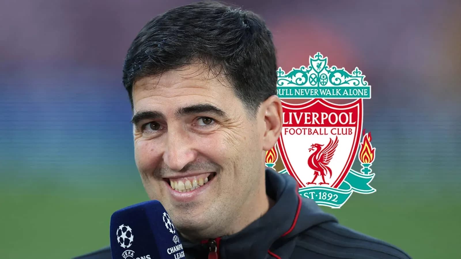 Person speaking with Liverpool FC logo in background
