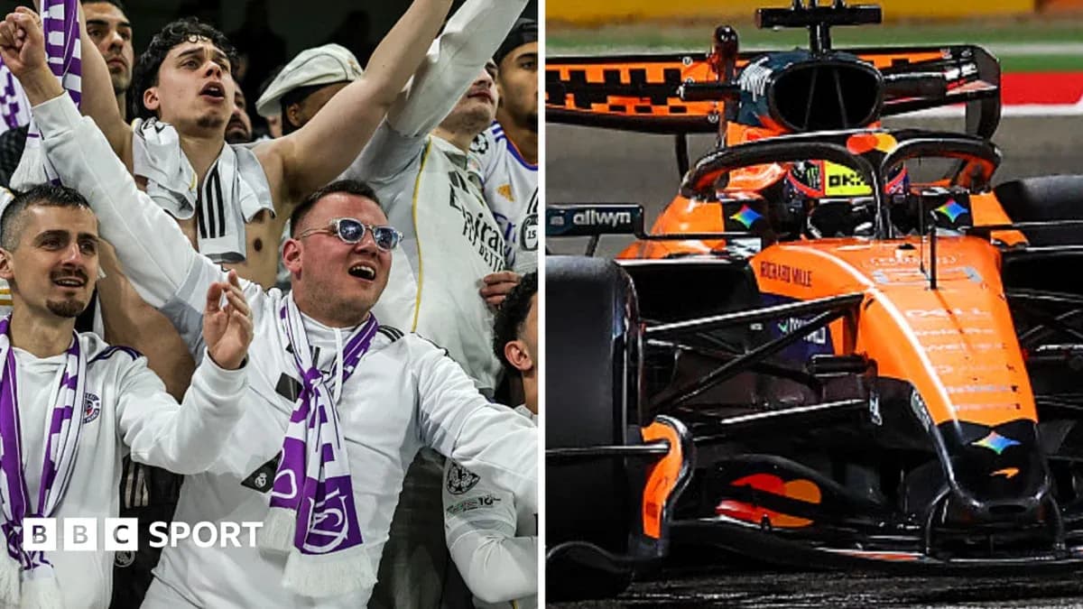 Fans celebrating on left, McLaren F1 car on right