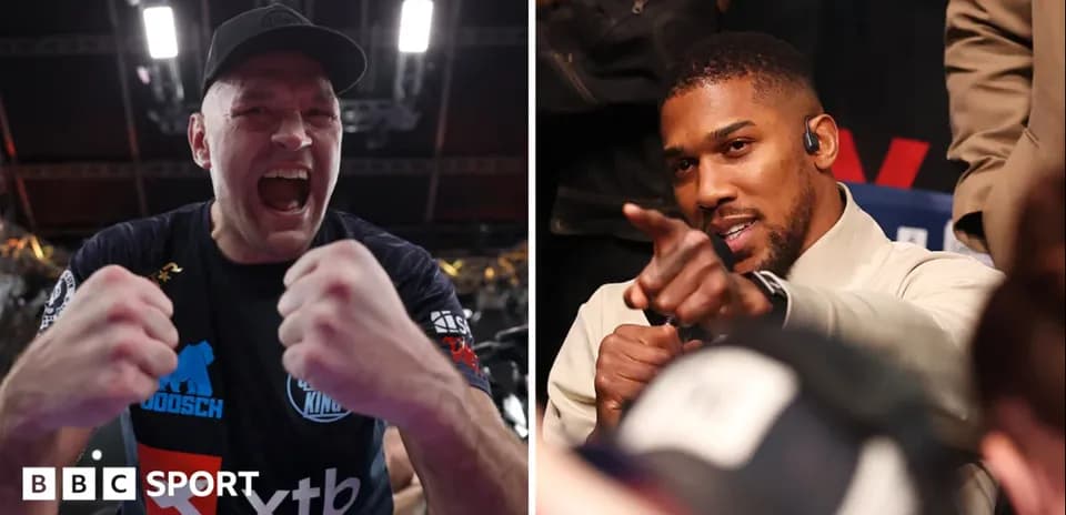 Tyson Fury celebrating and Anthony Joshua pointing at camera