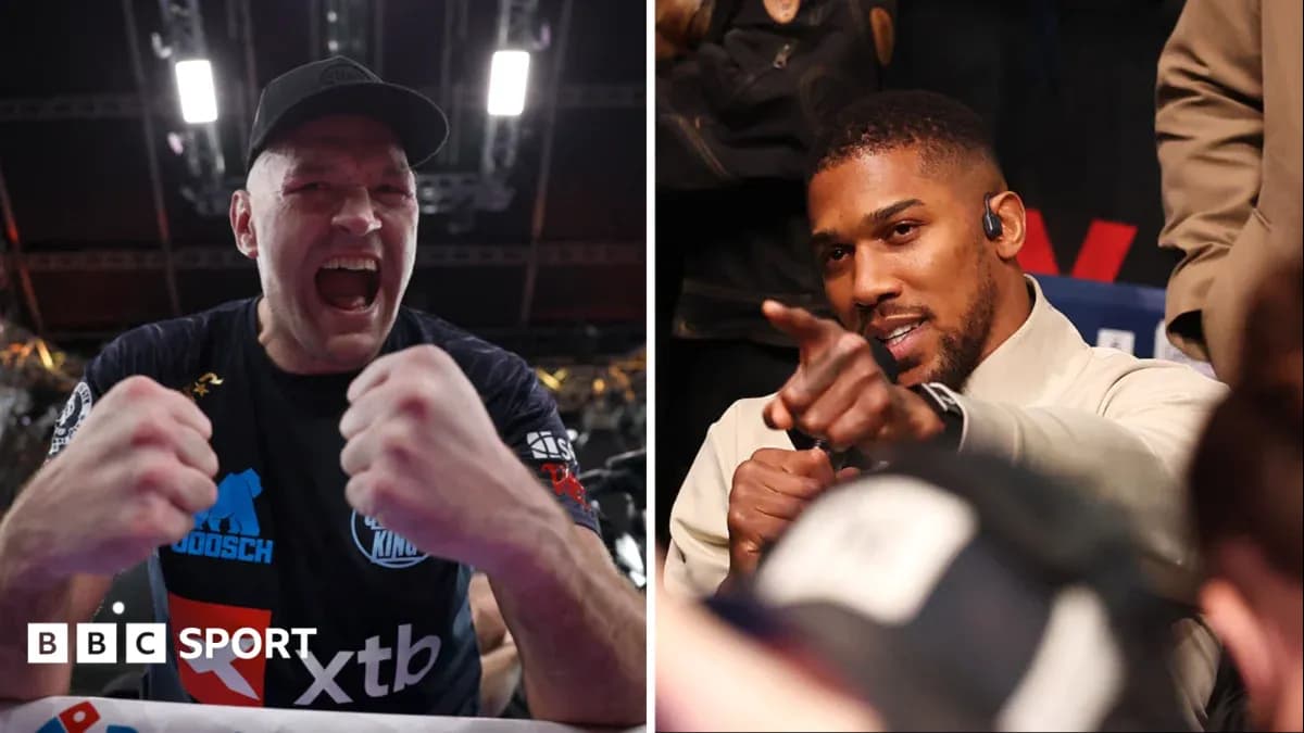 Tyson Fury celebrating and Anthony Joshua pointing at camera