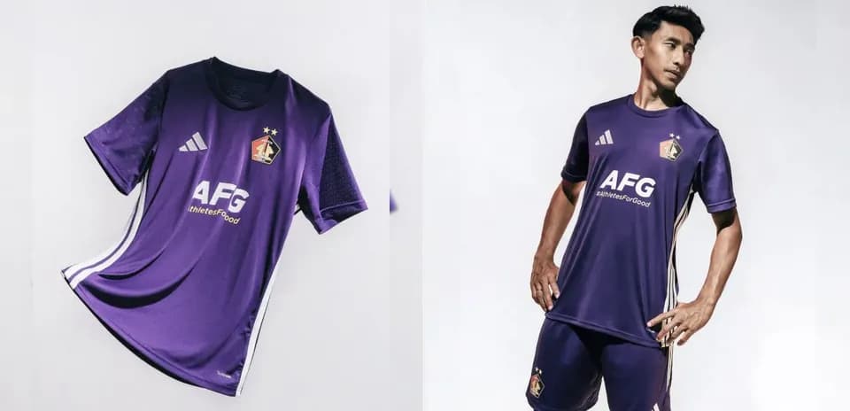 Purple football jersey displayed on model and flat