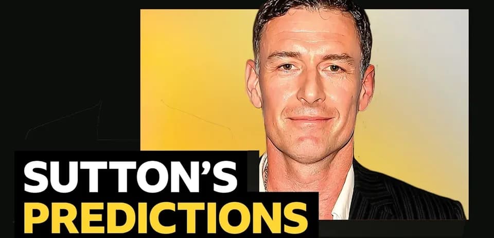 Man presenting predictions with a graphic background