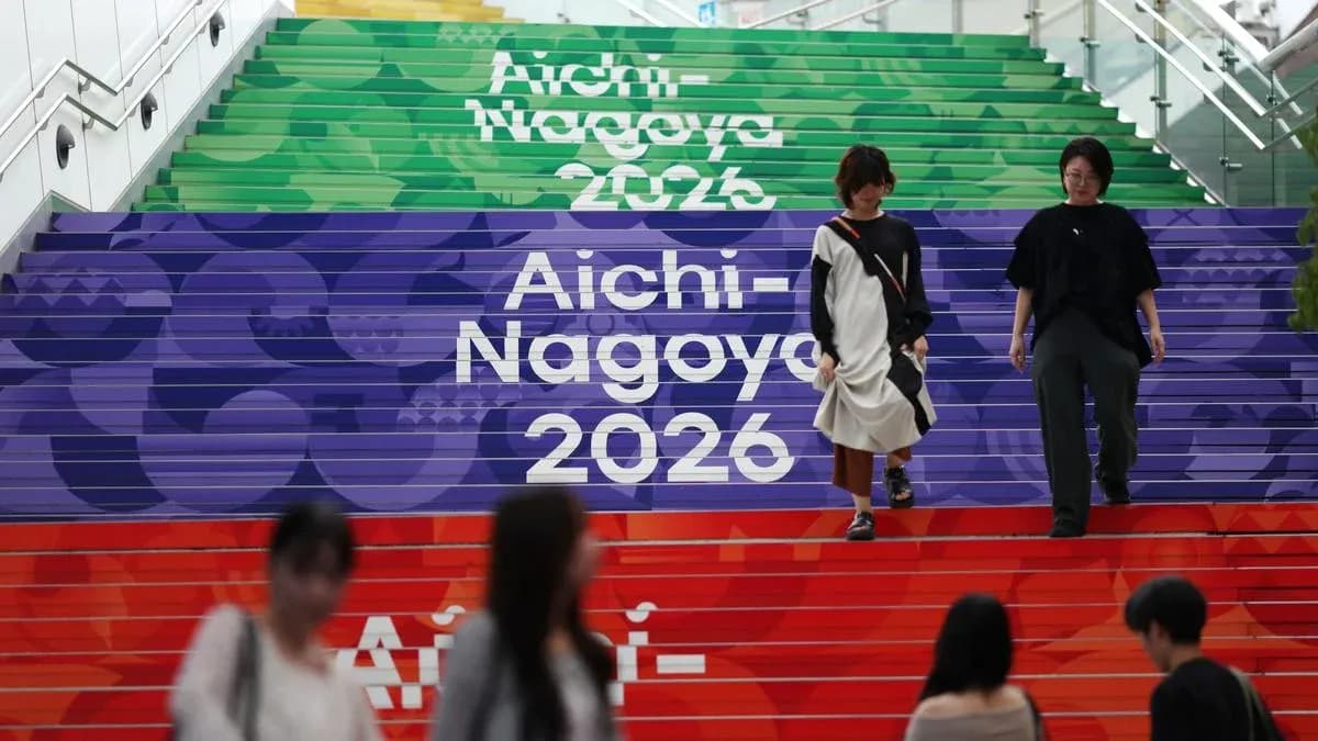 People walking down colorful steps with Aichi-Nagoya 2026