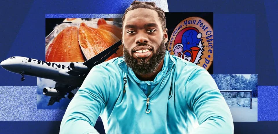 Athlete in blue jacket with various background elements