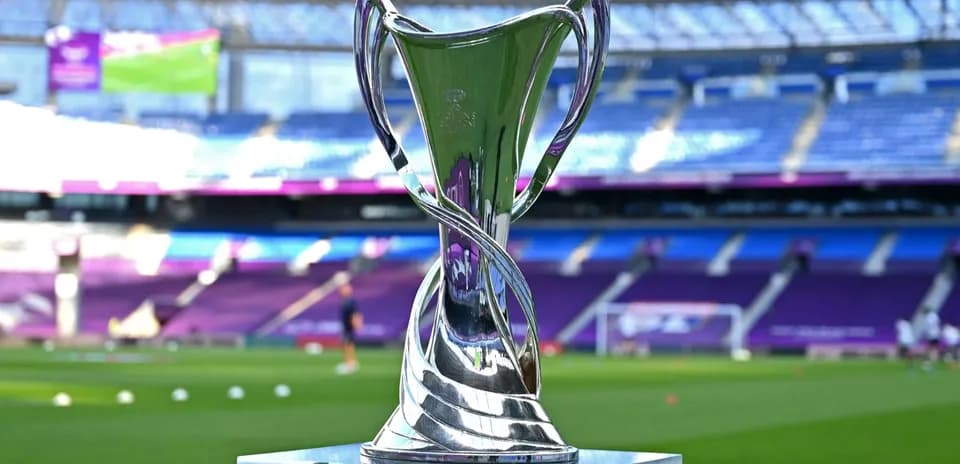 Shiny trophy displayed on the pitch before match