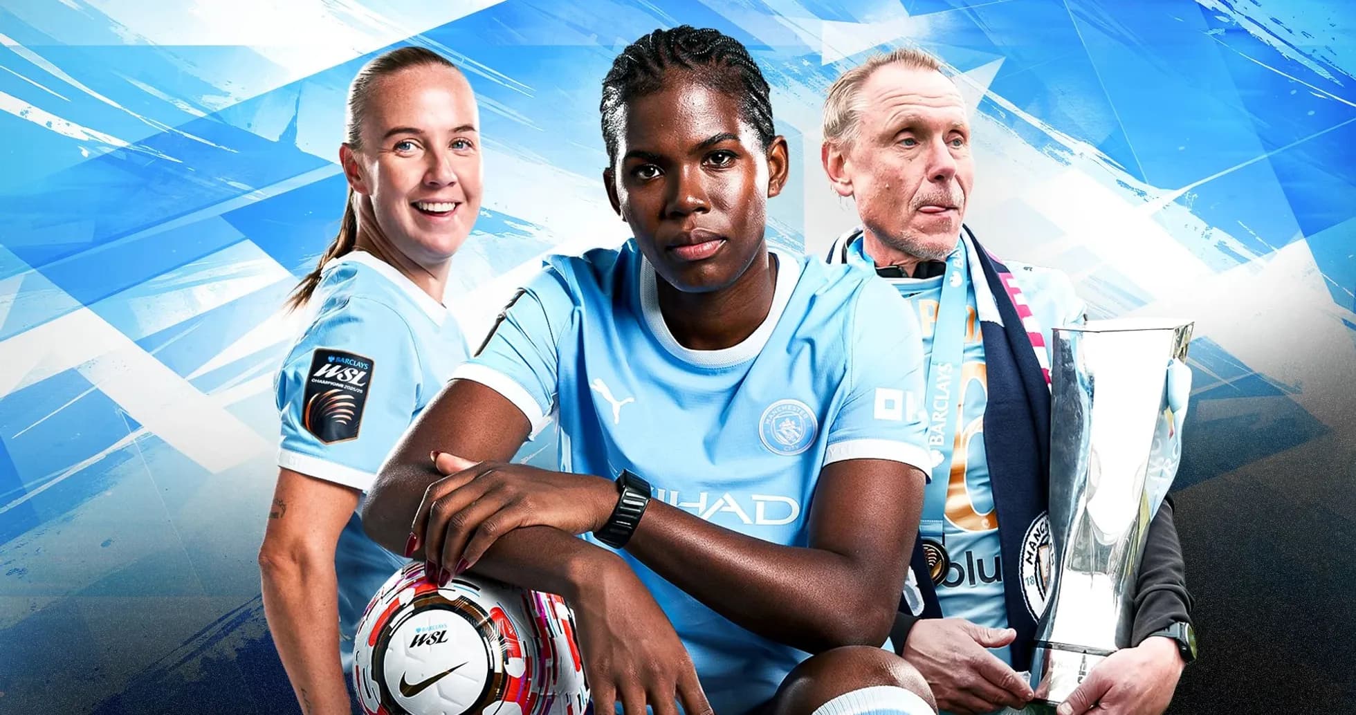 Three soccer players posing with a trophy and ball