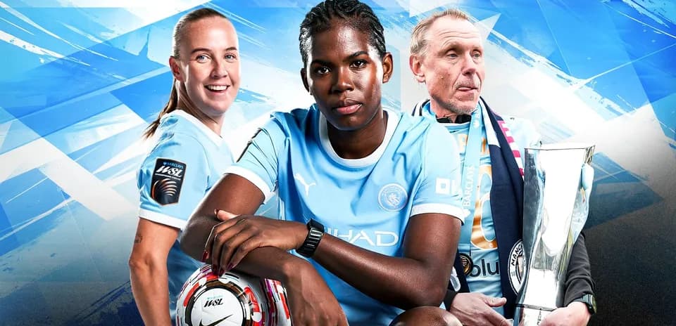 Three soccer players posing with a trophy and ball