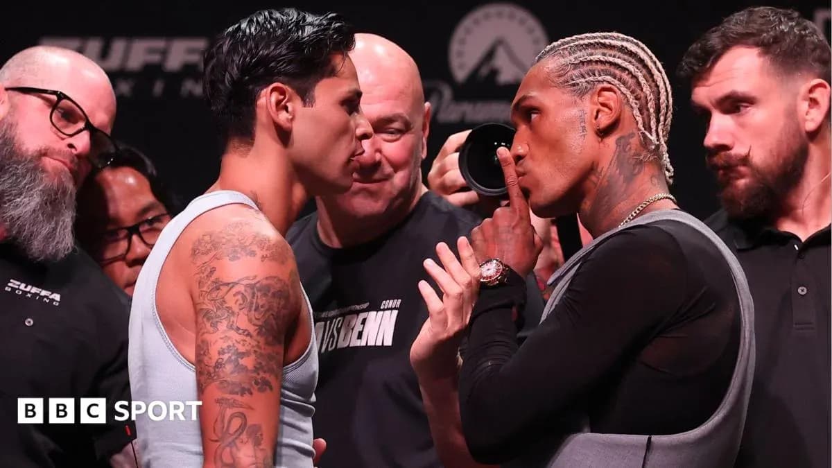Two boxers facing off at weigh-in event