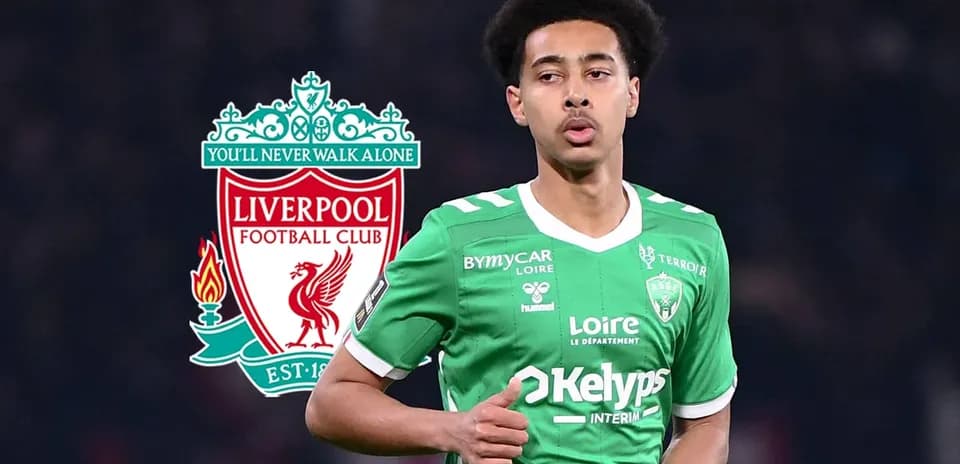 Player in green kit with Liverpool logo background