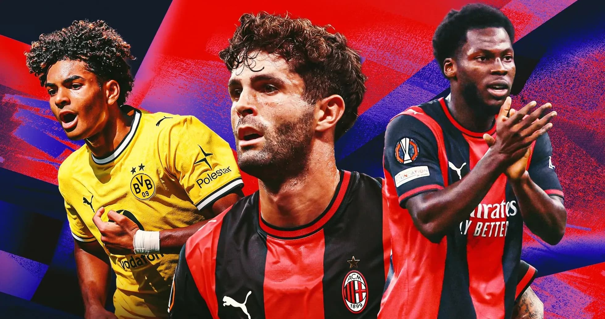 Three football players in club jerseys on colorful background