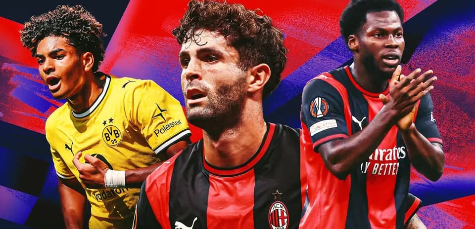 Three football players in club jerseys on colorful background