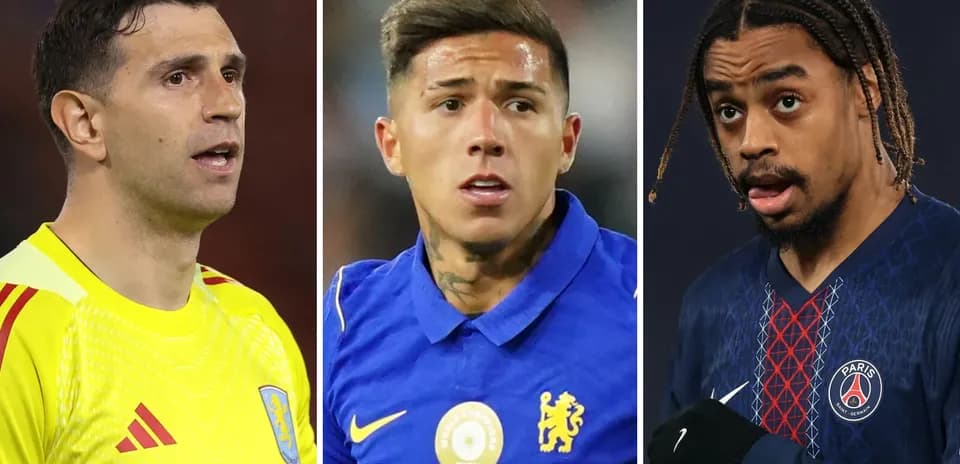 Three football players in their team kits