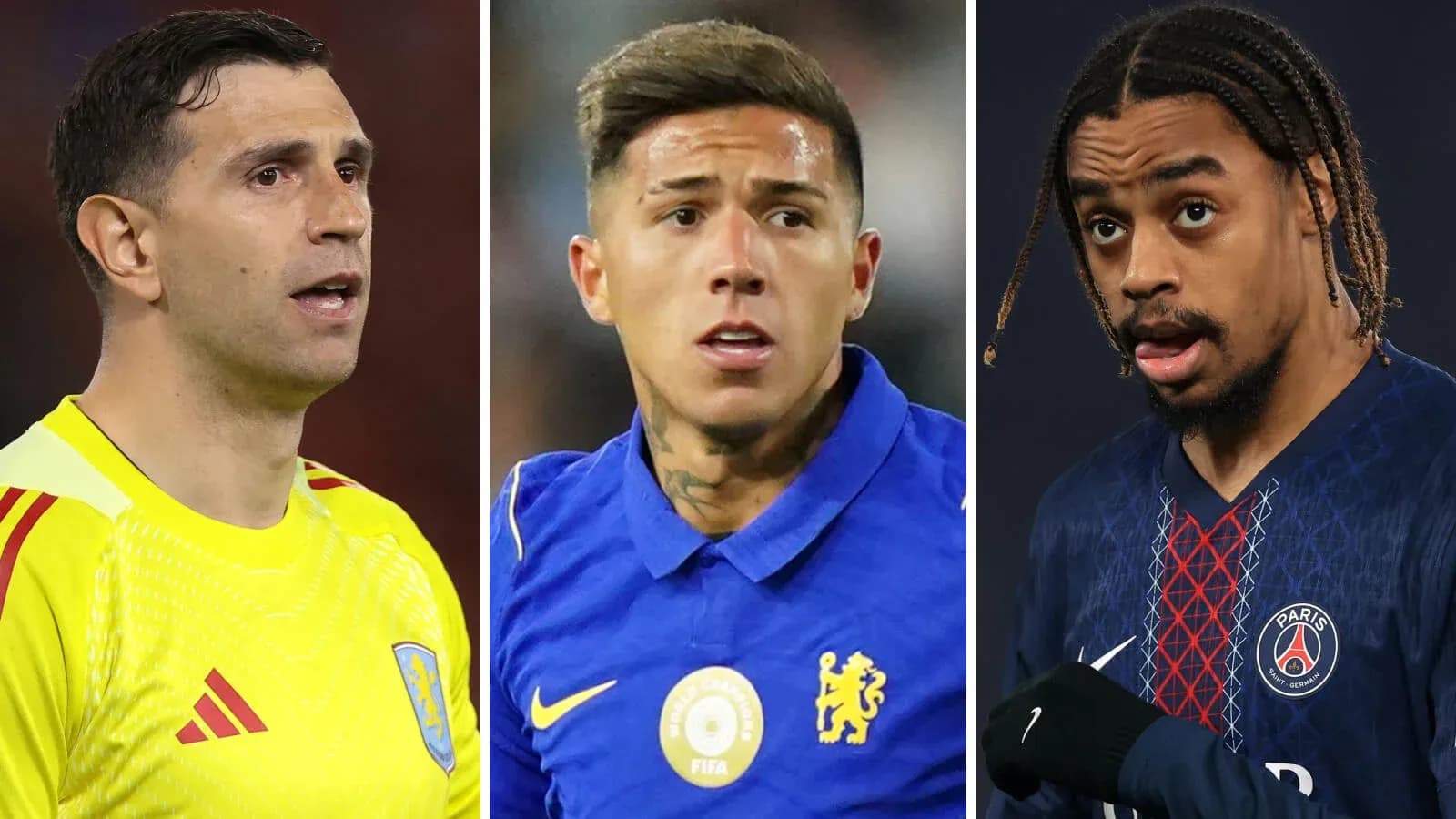 Three football players in their team kits