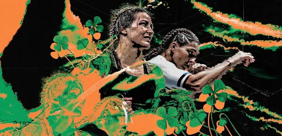 Two female athletes with vibrant background and clovers