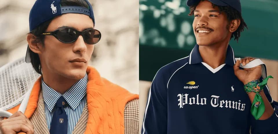 Two models wearing tennis-inspired fashion outfits