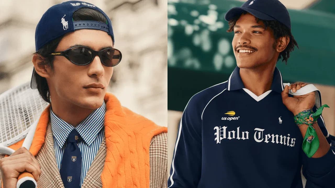 Two models wearing tennis-inspired fashion outfits