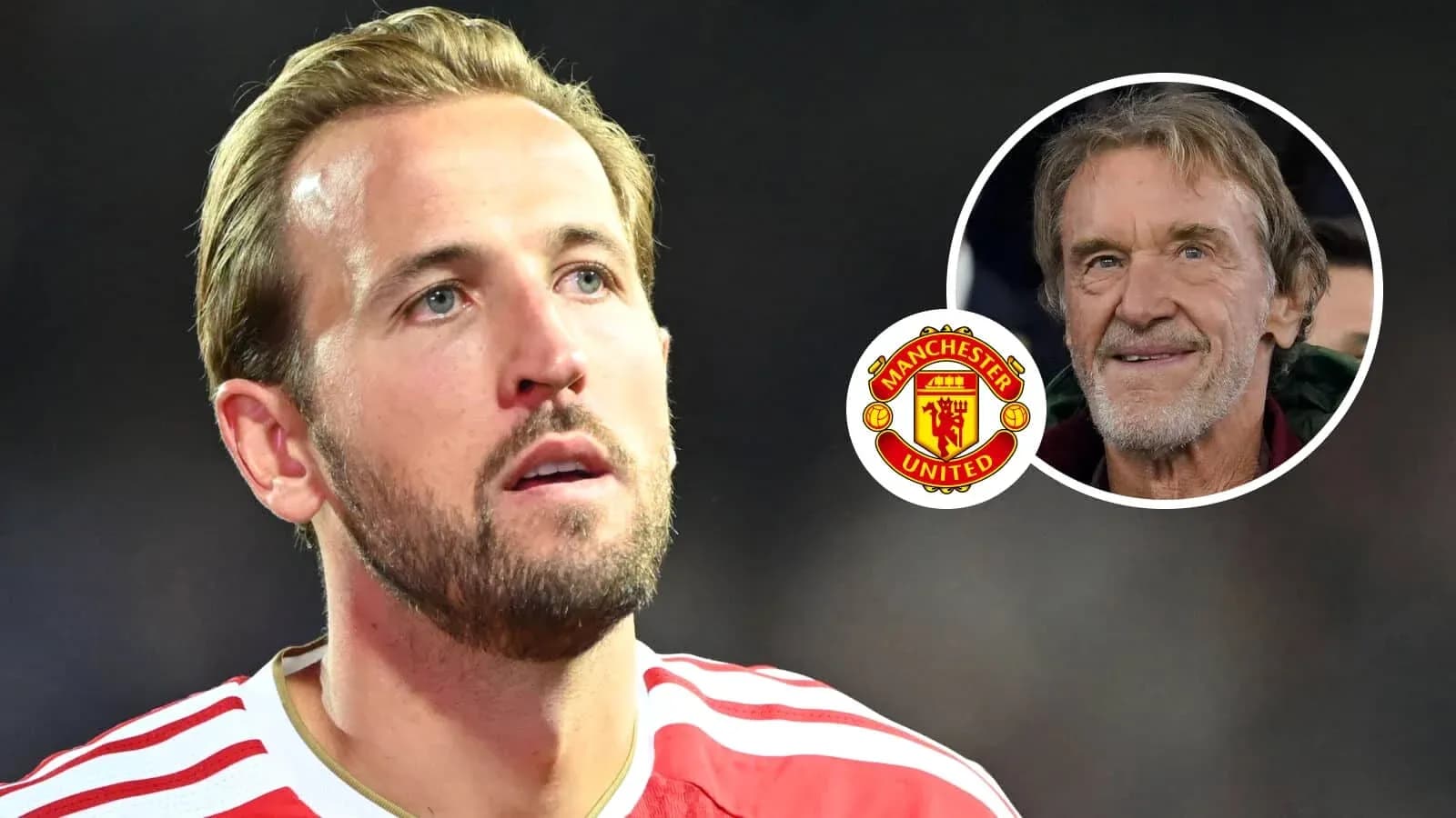 Harry Kane looking up with Manchester United logo