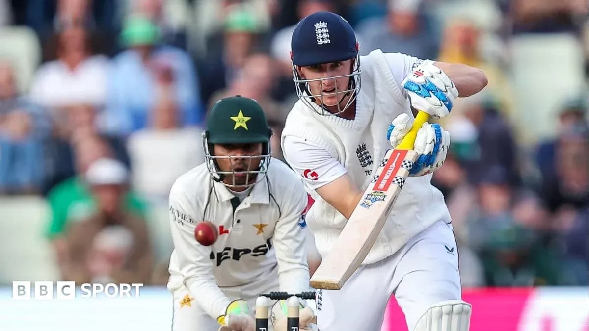 Batsman playing shot while wicketkeeper prepares to catch