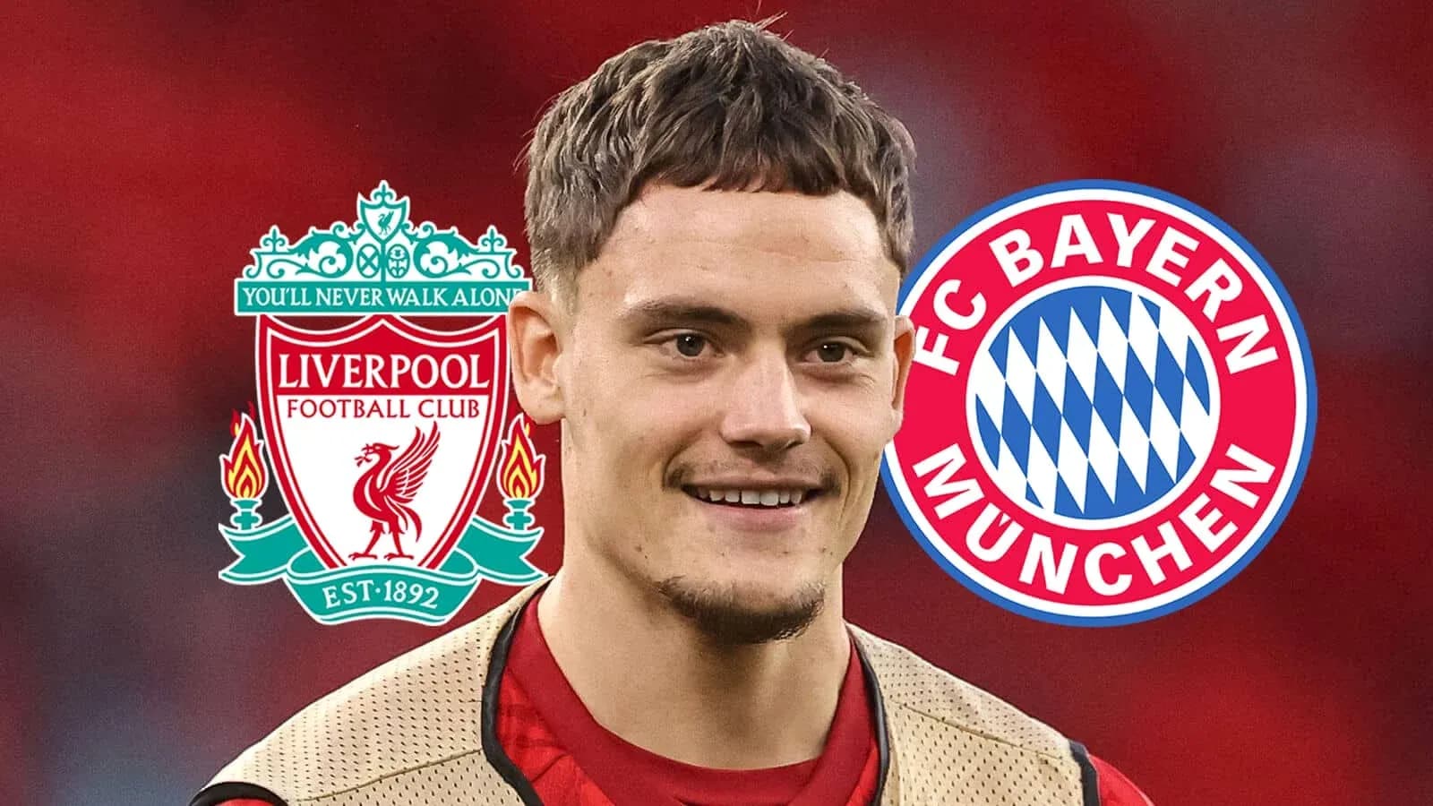 Player with Liverpool and Bayern Munich logos in background