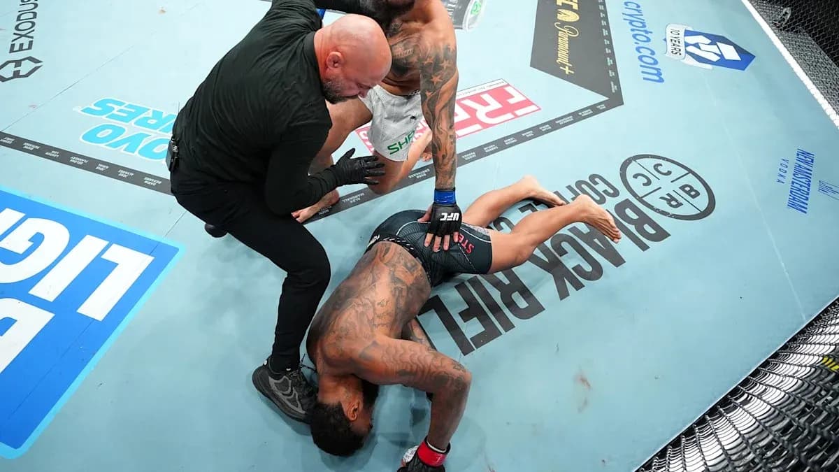 Referee checking on downed fighter in octagon