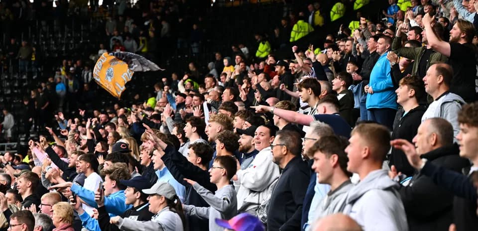 Crowd of fans cheering enthusiastically in stadium