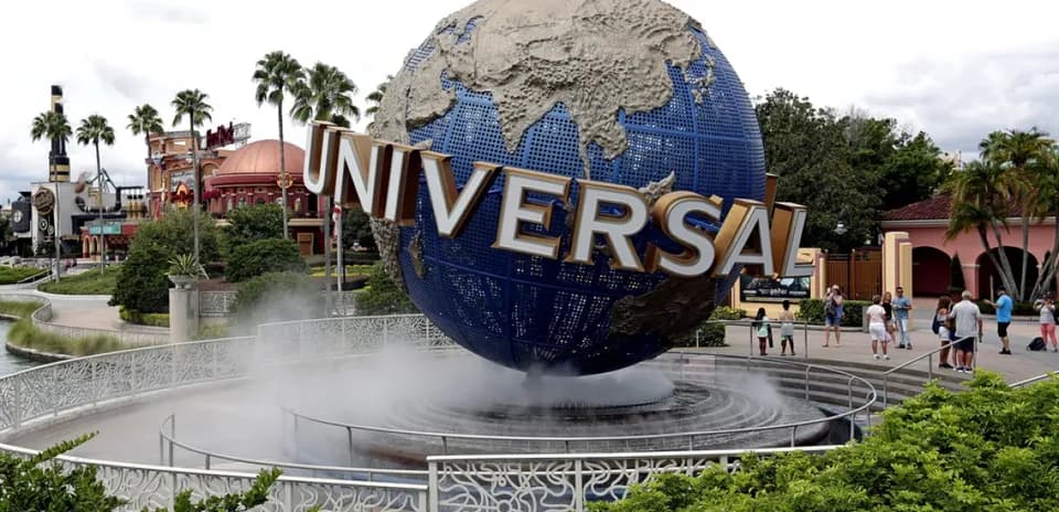 Universal Studios globe monument with visitors nearby