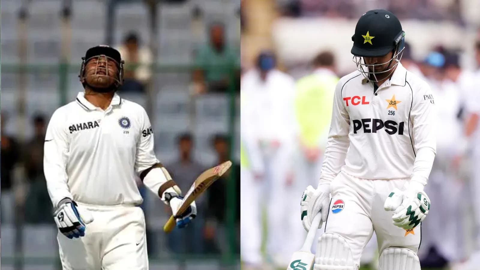 Two cricketers walking off the field in disappointment