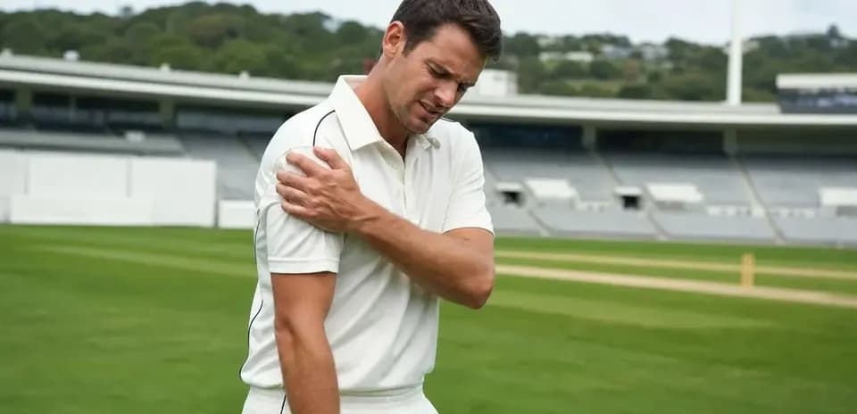 Cricketer holding shoulder on field during match