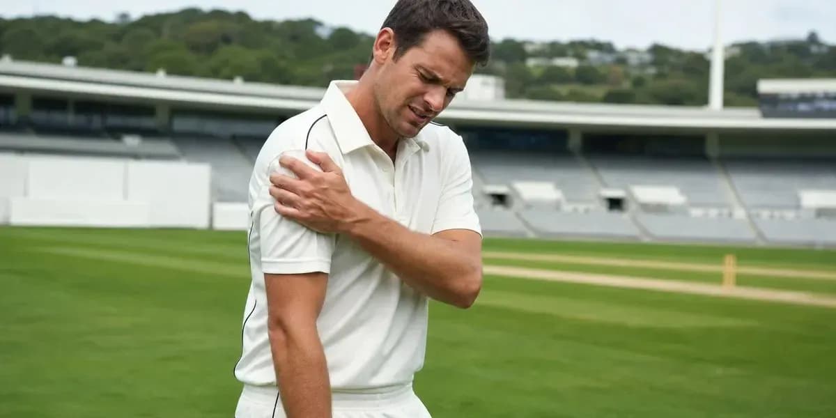 Cricketer holding shoulder on field during match