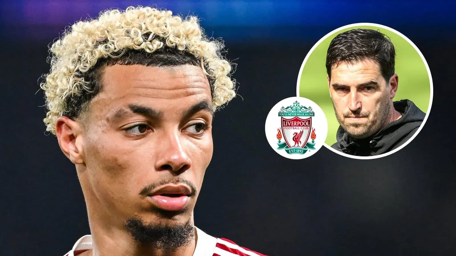 Player with curly hair next to Liverpool logo