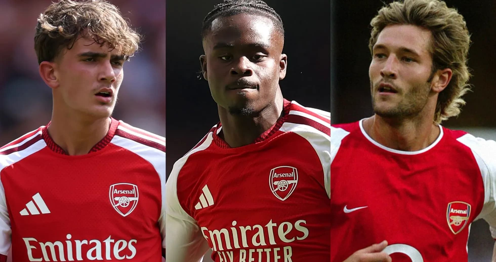 Three Arsenal players in red jerseys during match