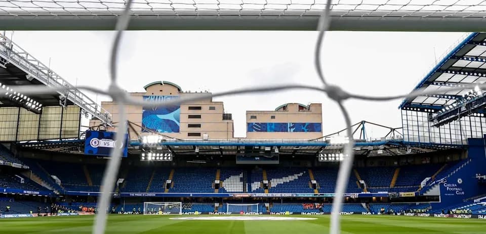 View of Stamford Bridge stadium from behind goal