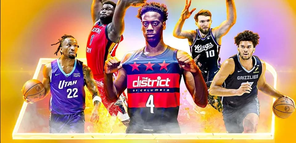 Five basketball players in action with team jerseys