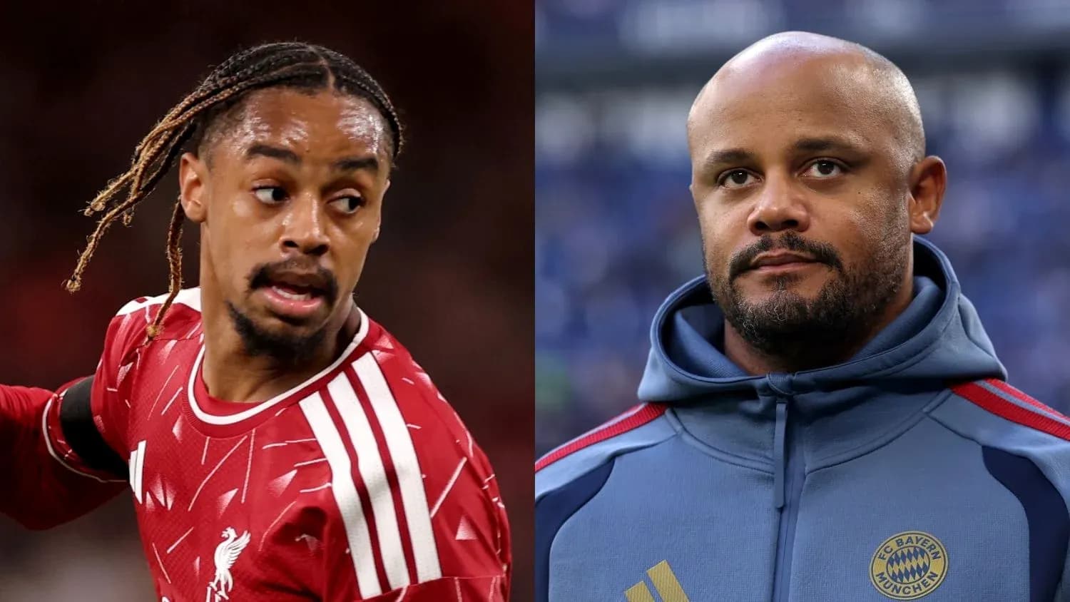 Liverpool player and Bayern Munich coach in split image