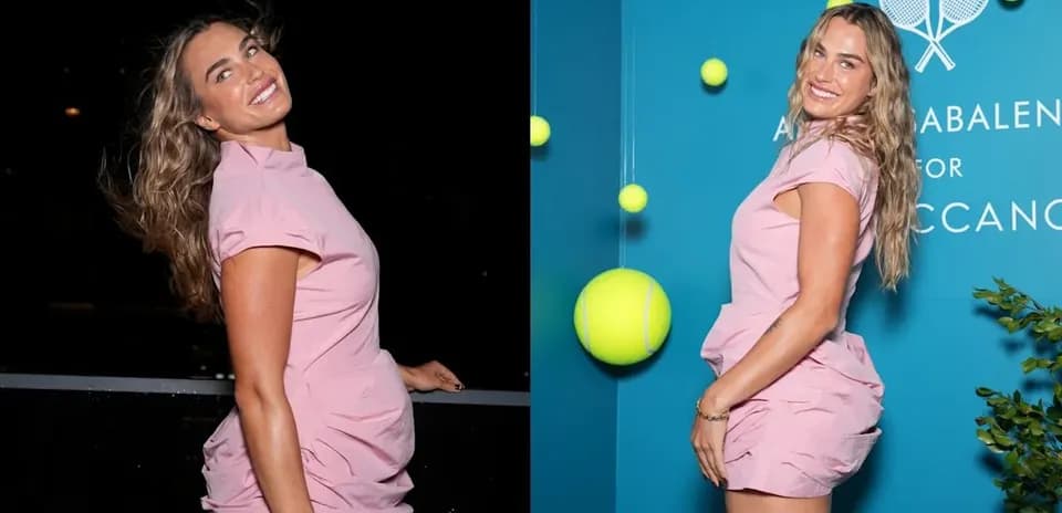 Woman in pink dress posing with tennis decorations