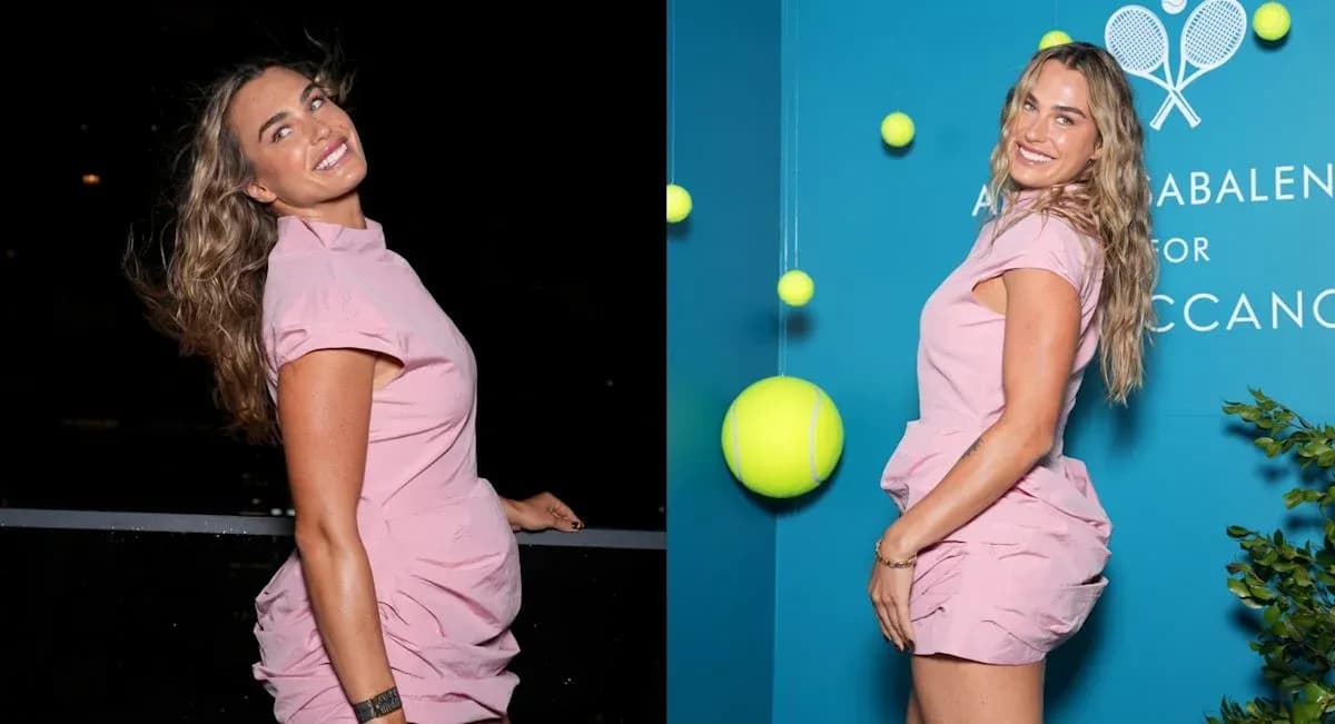 Woman in pink dress posing with tennis decorations