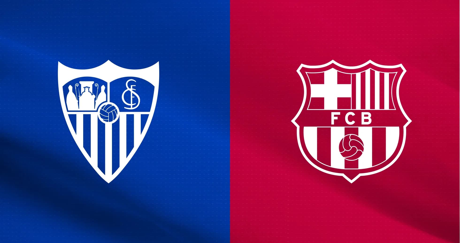 Logos of Sevilla FC and FC Barcelona on colored background