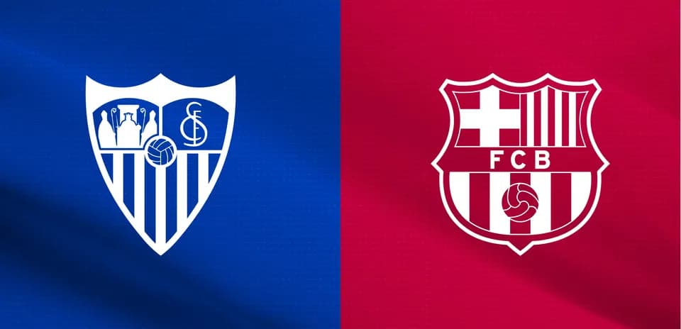 Logos of Sevilla FC and FC Barcelona on colored background