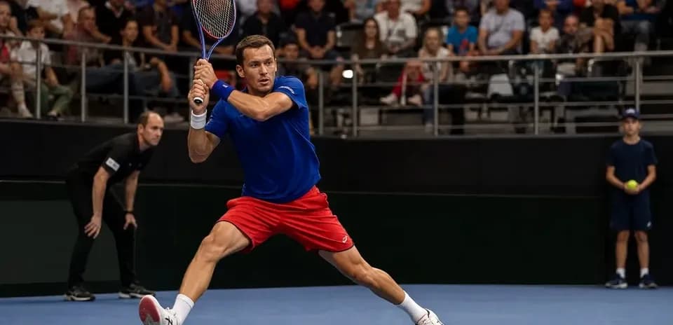 Tennis player executing a forehand shot during match