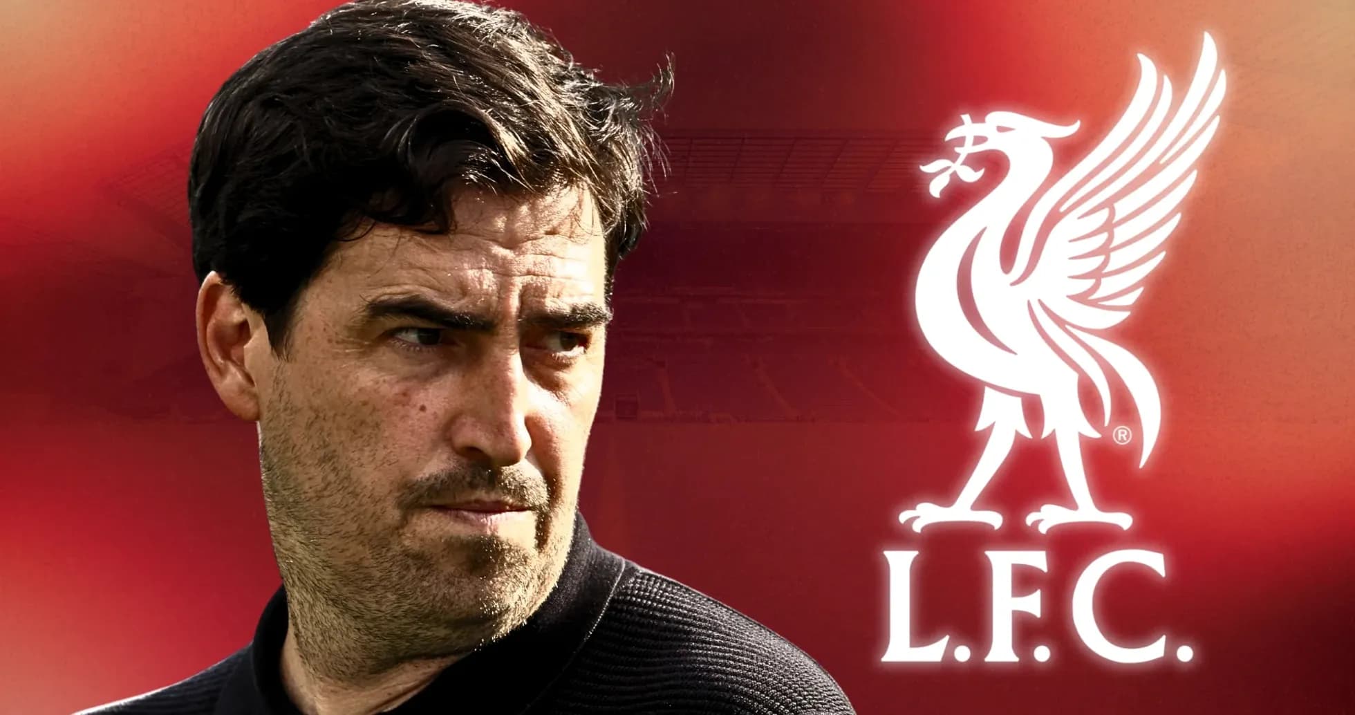 Coach in front of Liverpool FC logo and stadium
