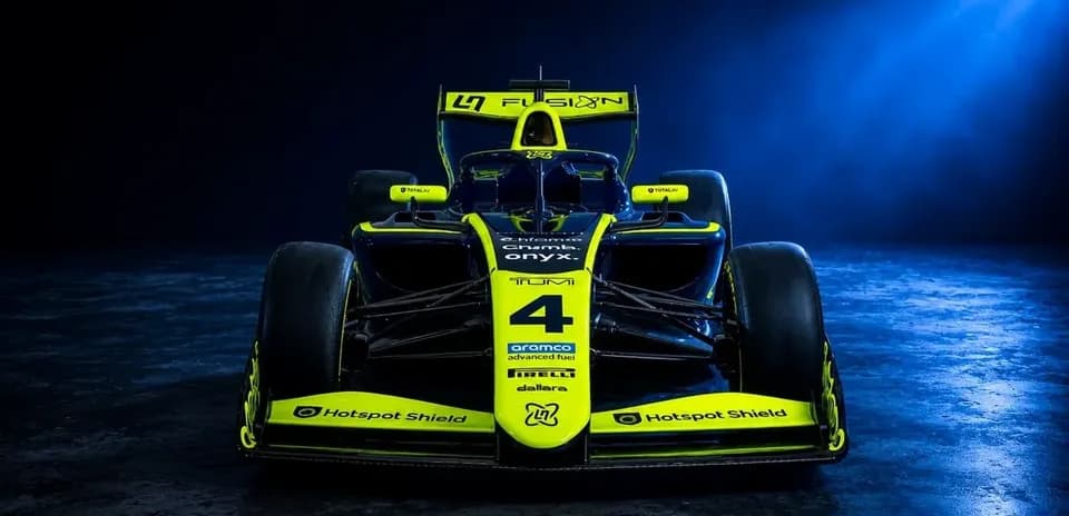 Front view of a brightly colored Formula 1 car
