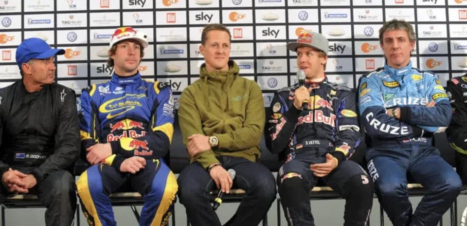 Drivers seated at press conference during Race of Champions