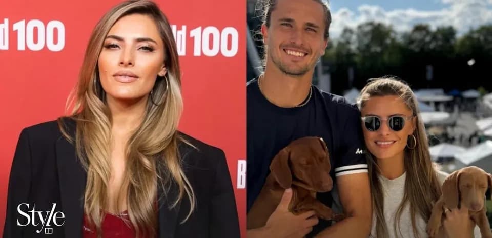 Two images: woman at event and couple with puppies