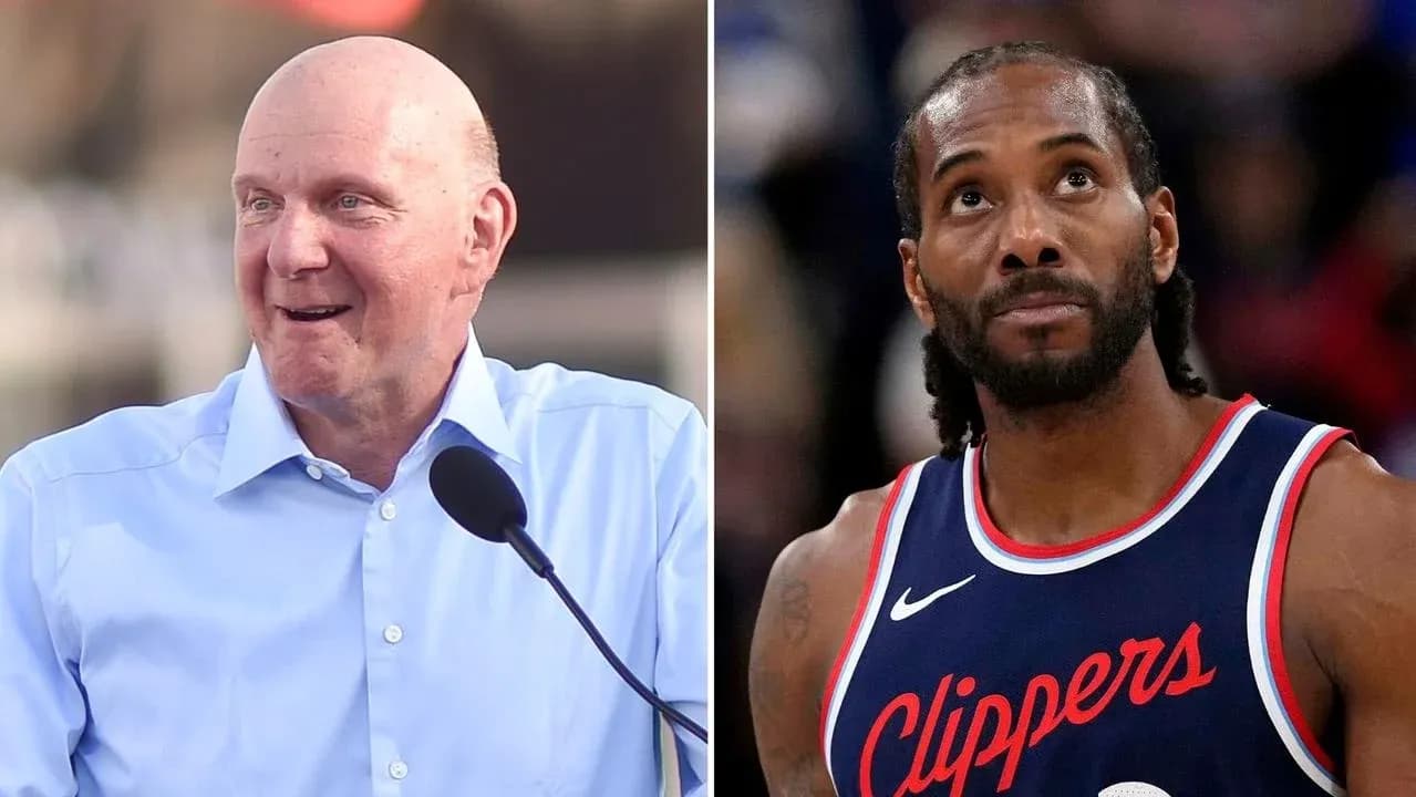 Steve Ballmer speaking and Kawhi Leonard on court